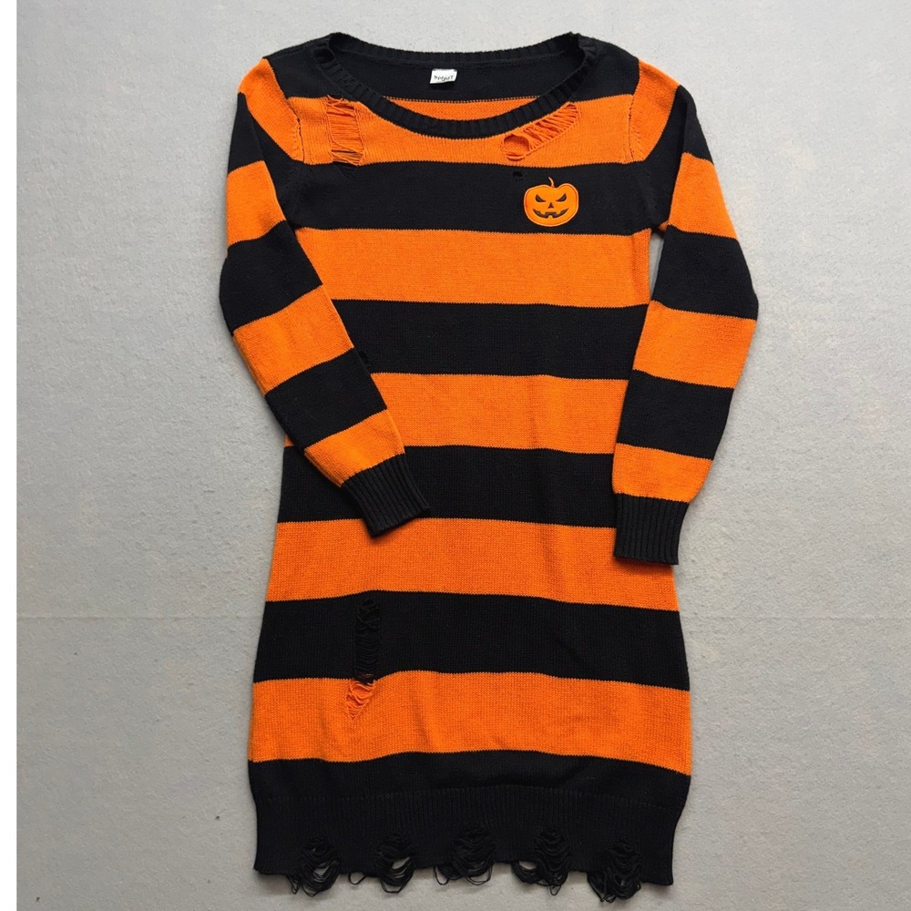Spirit Halloween Distressed Striped Pumpkin Sweater Dress Orange Black Medium